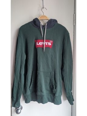 Levi's Dark Green Hoodie with Red Logo and Navy Hood